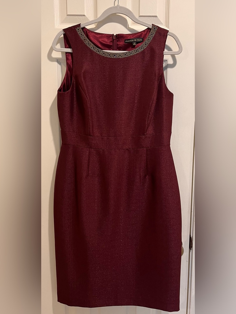 NWT Preston & York Sleeveless Burgundy Sheath Dress with Beaded Neckline